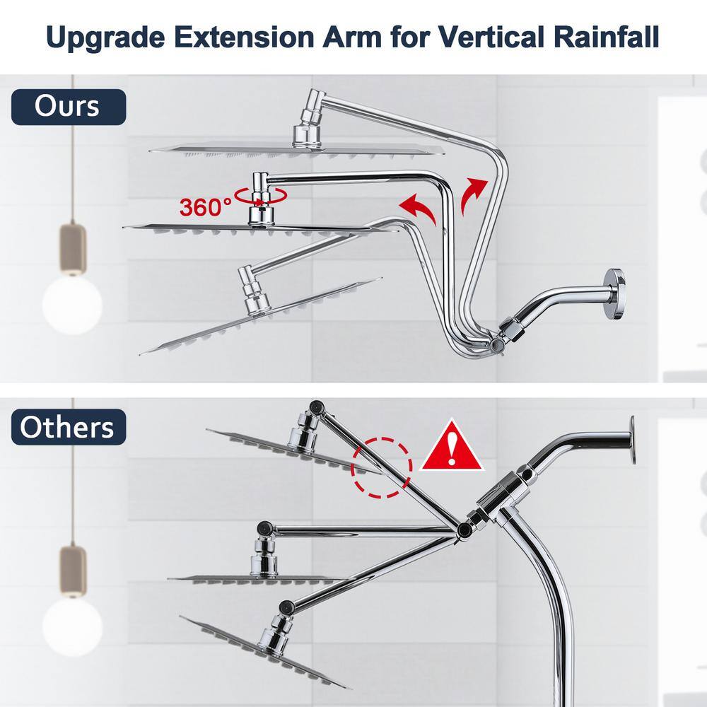 YASINU 1-Spray Patterns With 2.5GPM 12 in. Wall Mount Rain All Metal Fixed Shower Head With Adjustable Extension Arm in Chrome YNPAUL000362CH