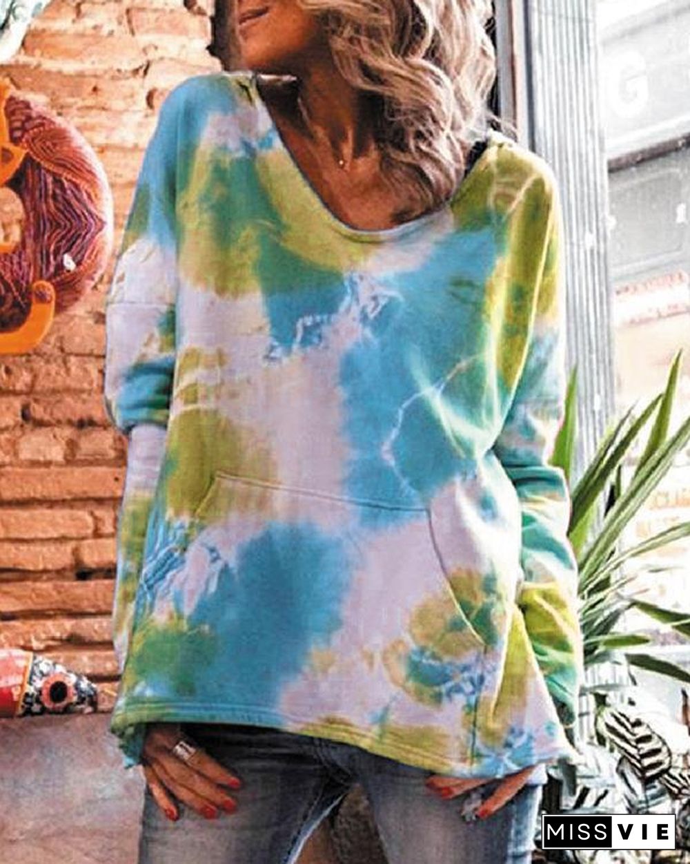 Women's Fashion Tie Dye Pocket Hoodie Sweatshirt