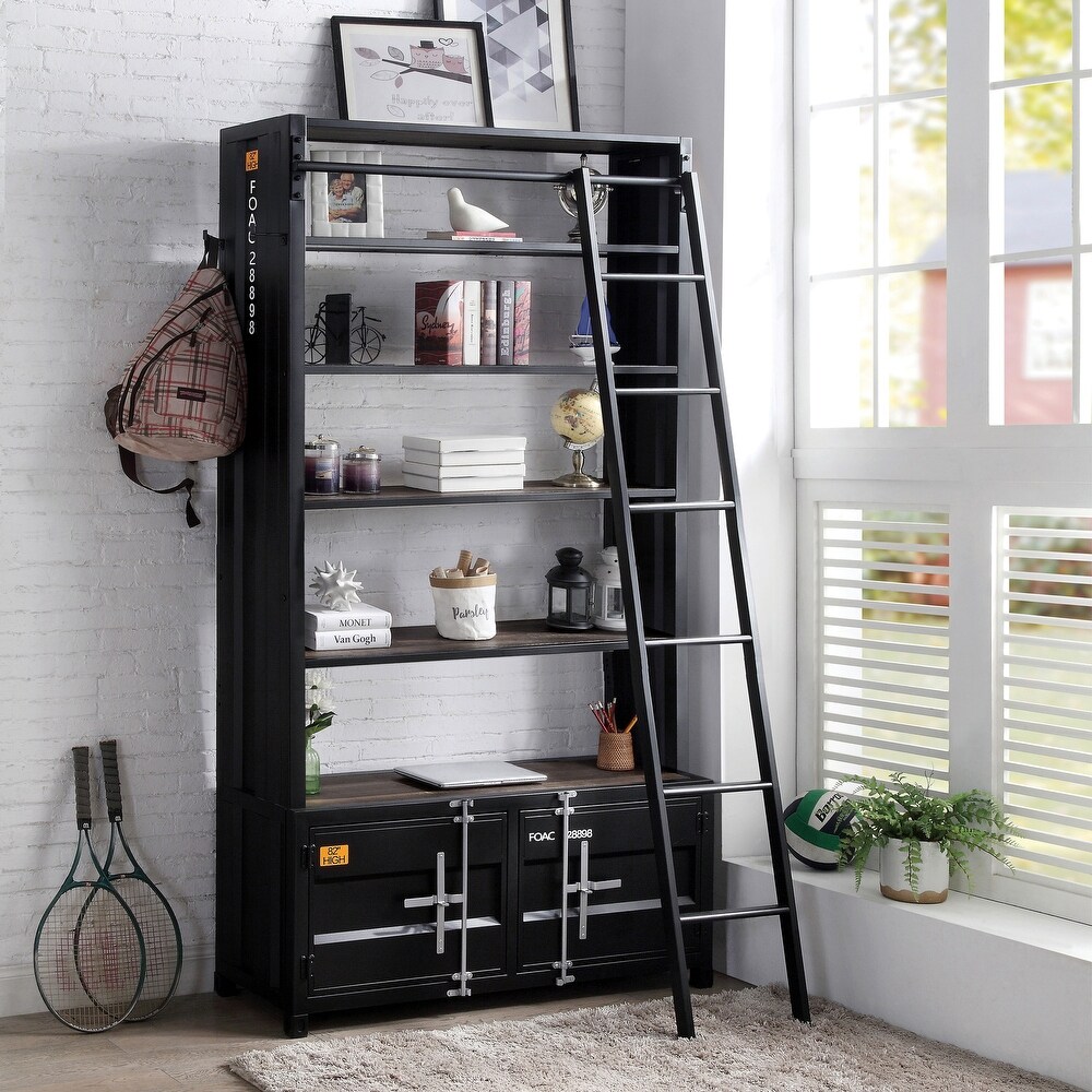 Corridor Industrial Black Metal Bookcase with Ladder by Furniture of America