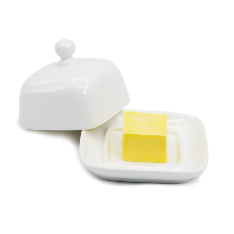 MKLZ Small Butter Dish with Lid， Individual Mini White Ceramic Butter Holder， Square