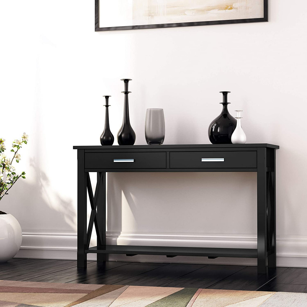 Elegant Console Table  X Shaped Sides  ampDrawers With Chrome Pull Handles  Black   Transitional   Console Tables   by Decorn  Houzz