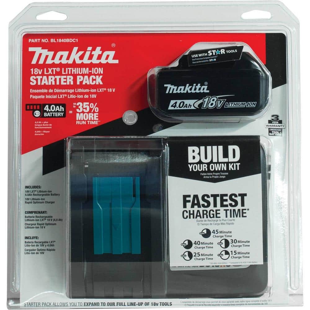 Makita 18V LXT Lithium-Ion High Capacity Battery Pack 4.0Ah with Fuel Gauge and Charger Starter Kit BL1840BDC1