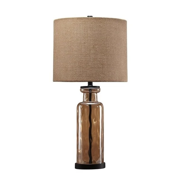 Glass Table Lamp with Fabric Drum Shade， Gold and Beige