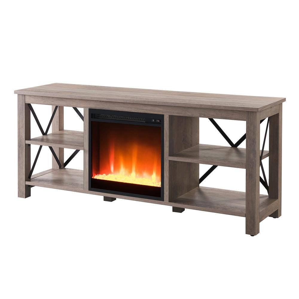 MeyerCross Sawyer 58 in. Gray Oak TV Stand Fits TV's up to 65 in. with Crystal Fireplace Insert TV1010