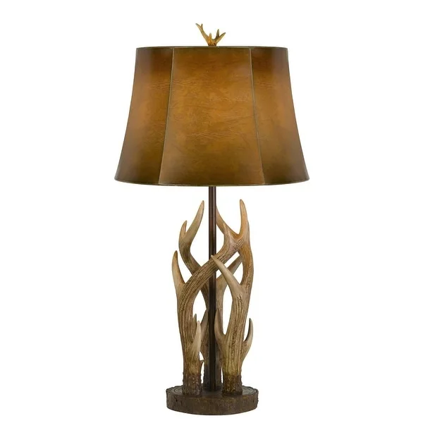 150 Watt Leatherette Shade Table Lamp with Antler Polyresin Base， Brown