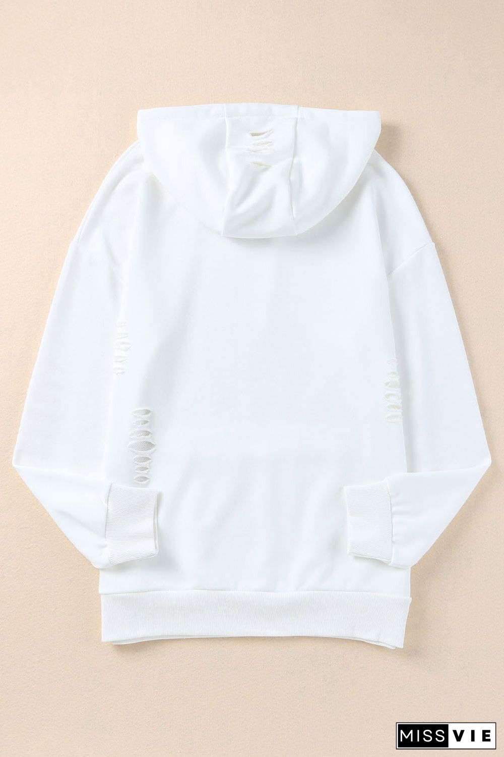 Solid Ripped Hooded Sweatshirt With Kangaroo Pocket