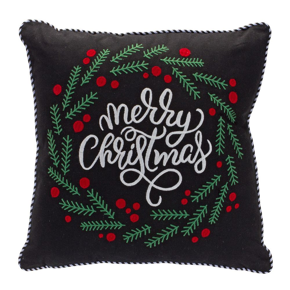 15.5 Black and White Merry Christmas Berry Wreath Throw Pillow