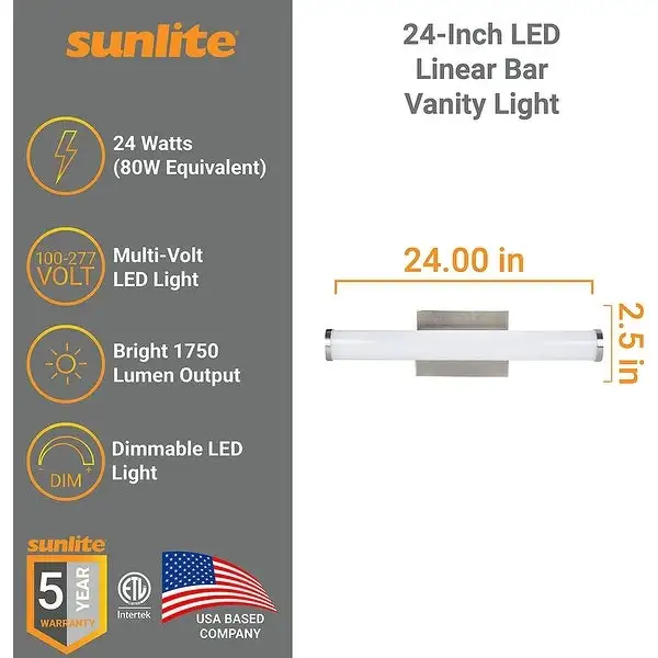 Sunlite 18 in. Brushed Nickel LED with Adjustable CCT 3000K 4000K 5000K Dimmable 1400 Lumen Linear Bar Vanity Light