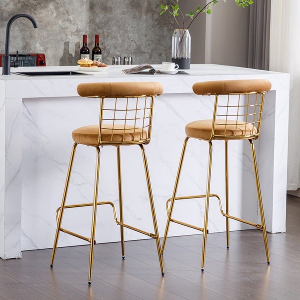 2Pcs Velvet Upholstered Bar Stools with Metal Legs and Soft Back