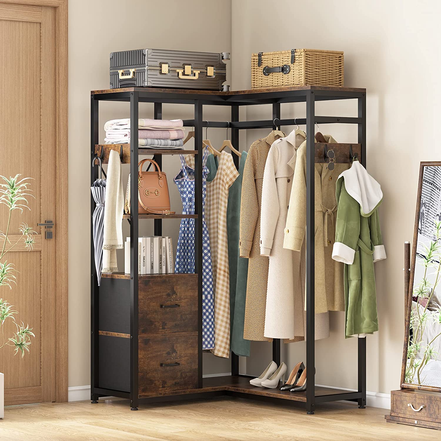 L Shaped Garment Rack with Shelves and 2 Fabric Drawers