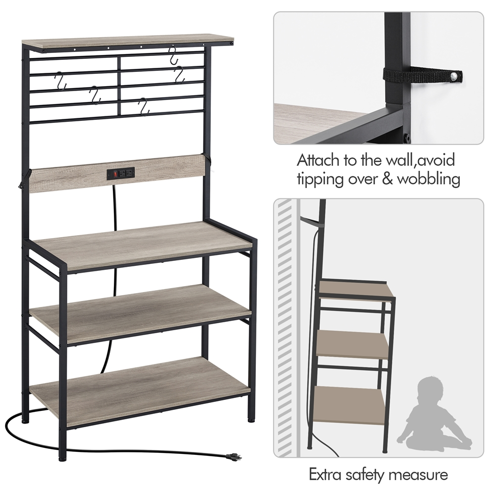 Topeakmart 64 H 4-tier Baker's Rack Storage with Power Outlet 5 S hooks for Kitchen， Gray