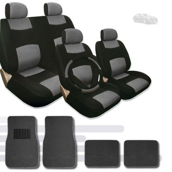 New Semi Custom Synthetic Leather Car Seat Covers With Carpet Floor Mats and Steering Wheel Cover Split Back Seat Full Set Black and Grey No Shipping Cost