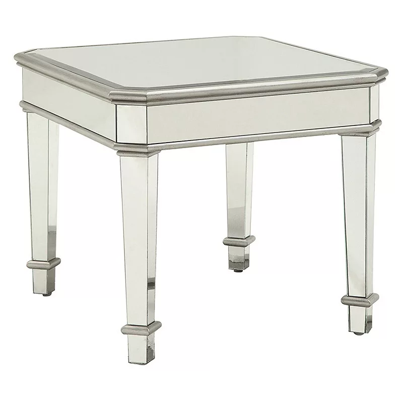 Mirrored Transitional Style Wooden End Table With Beveled Edges， Silver