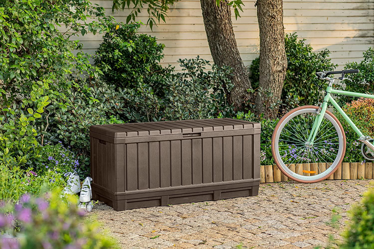 Keter Kentwood 90 Gallon Resin Deck Box-Organization and Storage for Patio Furniture Outdoor Cushions, Throw Pillows, Garden Tools and Pool Toys, Brown