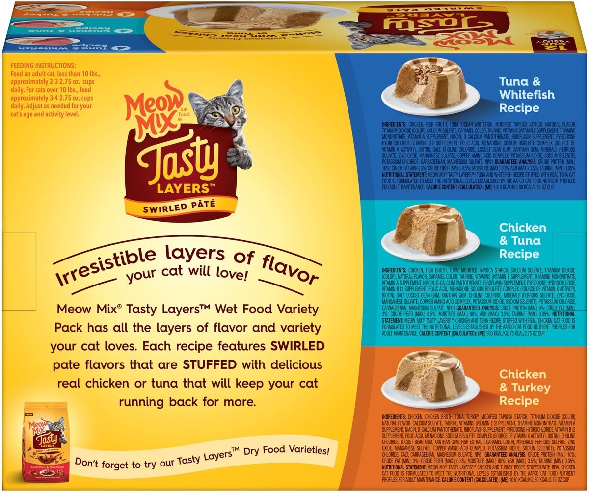 Meow Mix Tasty Layers Variety Pack Swirled Paté Cat Food， 2.75-oz can， case of 12