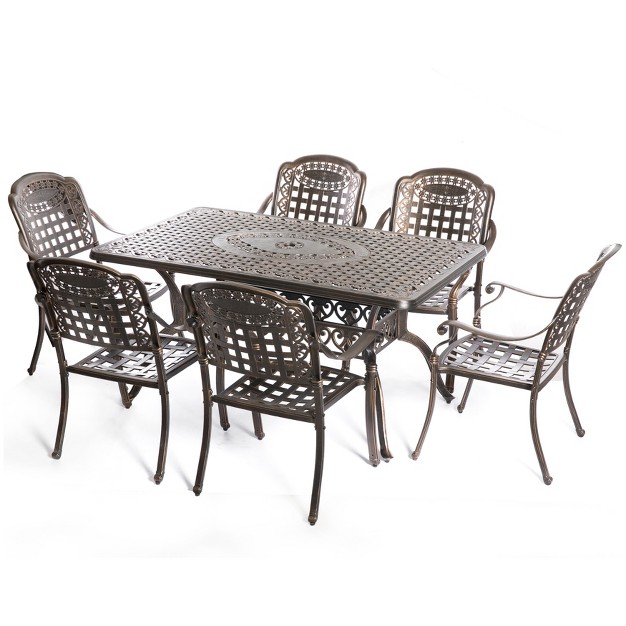 Gardenised Indoor And Outdoor Bronze Dinning Set 6 Chairs With 1 Table Bistro Patio Cast Aluminum