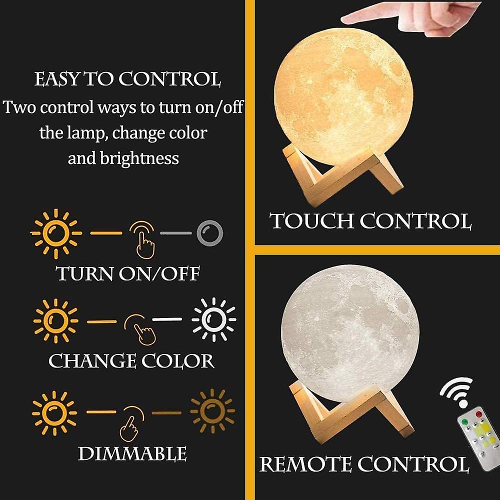 Bedside Lamp 3d Moon Lamp Standard Size Night Light Moon Light 3 Led Colors With Wooden Stand and Remote Control/touch And Usb Rechargeable Diameter 15