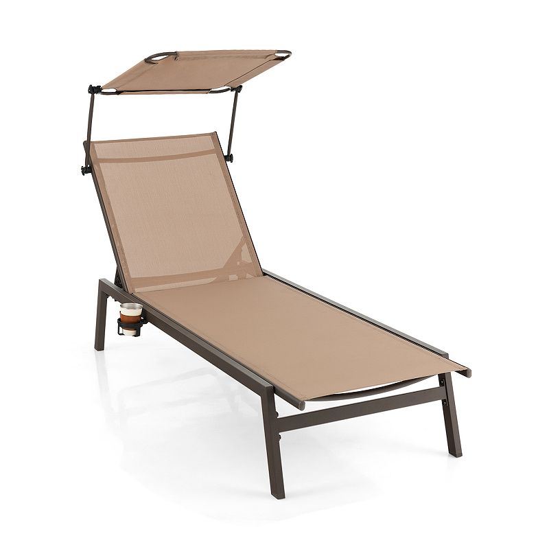 Outdoor Chaise Lounge Chair with Sunshade and 6 Adjustable Position-Brown