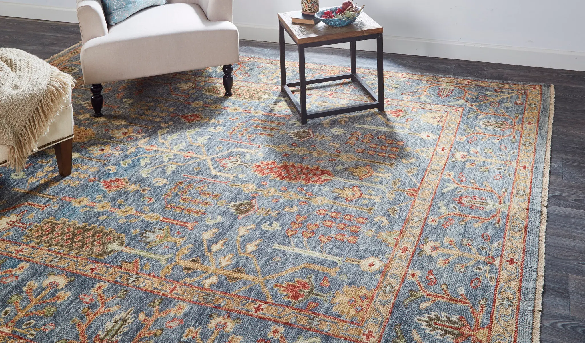 Carrington 6 x 9 Blue and Rust Border Area Rug