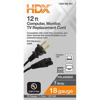 HDX 12 ft. 182 Light Duty Computer Monitor TV Replacement Cord Black HWHAC18212