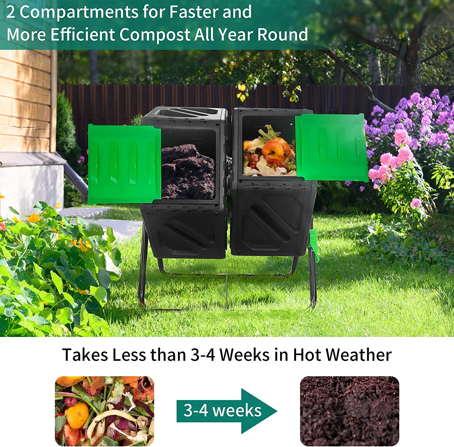 YITAHOME 34 Gallon Dual Chamber Compost Tumbler, Compost Bin Outdoor Rotating with 2 Sliding Doors and Aeration System, Garden Compost Bin BPA Free