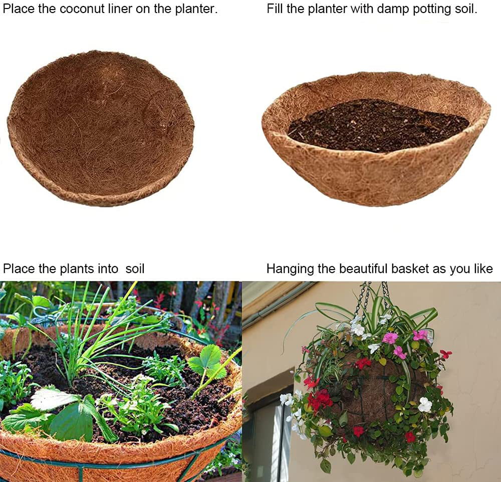 EROCK 2pcs 8" Round Coco Coir Liners Replacement for Hanging Basket, 100% Natural Pre-Formed Coconut Fiber Planter Liners for Garden Flower Vegetables Pot/Wall Hanging Baskets/Fence Flower Baskets