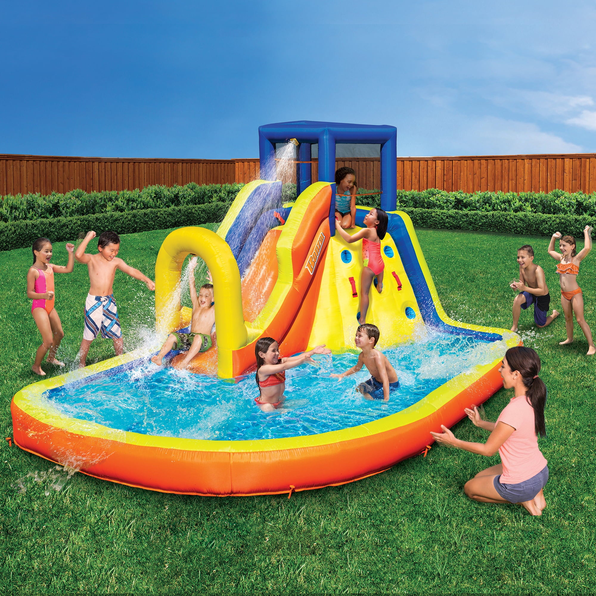 BANZAI Splash Summit Inflatable Water Park Play Center - Includes Water Slide & Climbing Wall - Outdoor Summer Fun For Kids & Families