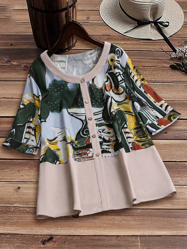 Women's Round-Neck Patterned Shirt, Summer