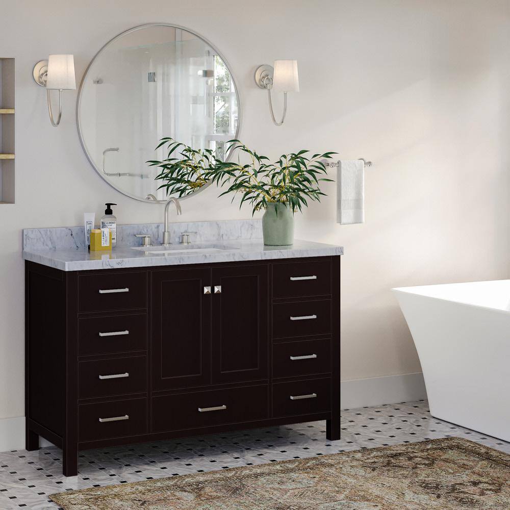 ARIEL Cambridge 55 in. Bath Vanity in Espresso with Marble Vanity Top in Carrara White with White Basin A055SCWRVOESP