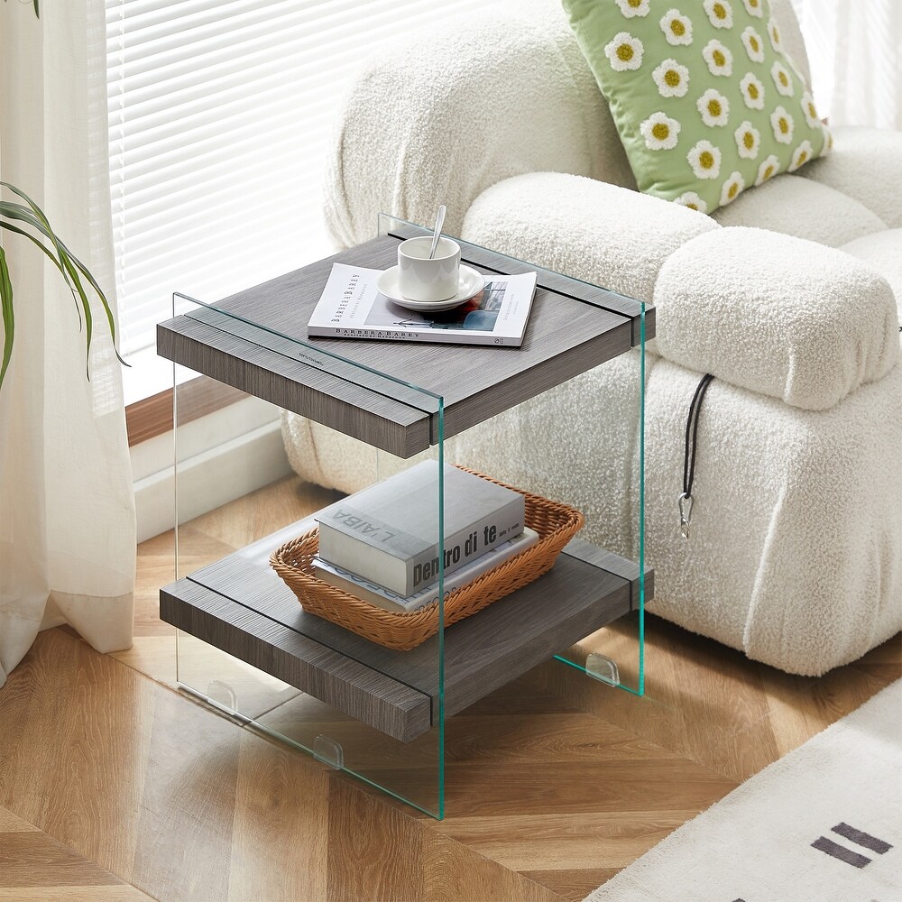 2 Tier Square Clear Sofa Side Table with Dual Shelves Modern Glass Nightstand End Table Side Table for Living Room  Bedroom