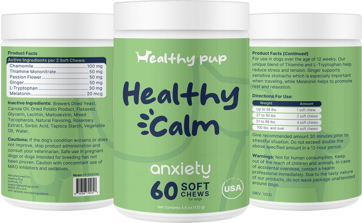 Healthy Pup Anxiety Soft Chews Calming Supplement for Dogs， 60 Count