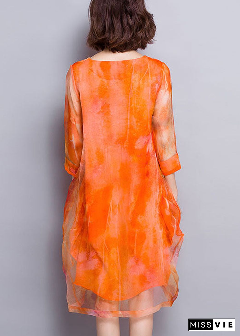 Beautiful Orange V Neck Print Layered Design Silk Vacation Dress Half Sleeve