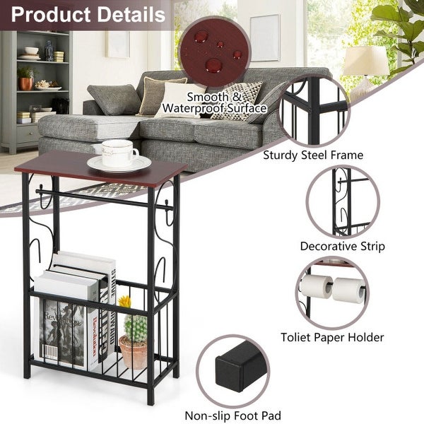 Side Sofa Narrow Table with Removable Paper Holder for Living Room-Brown - 14.5