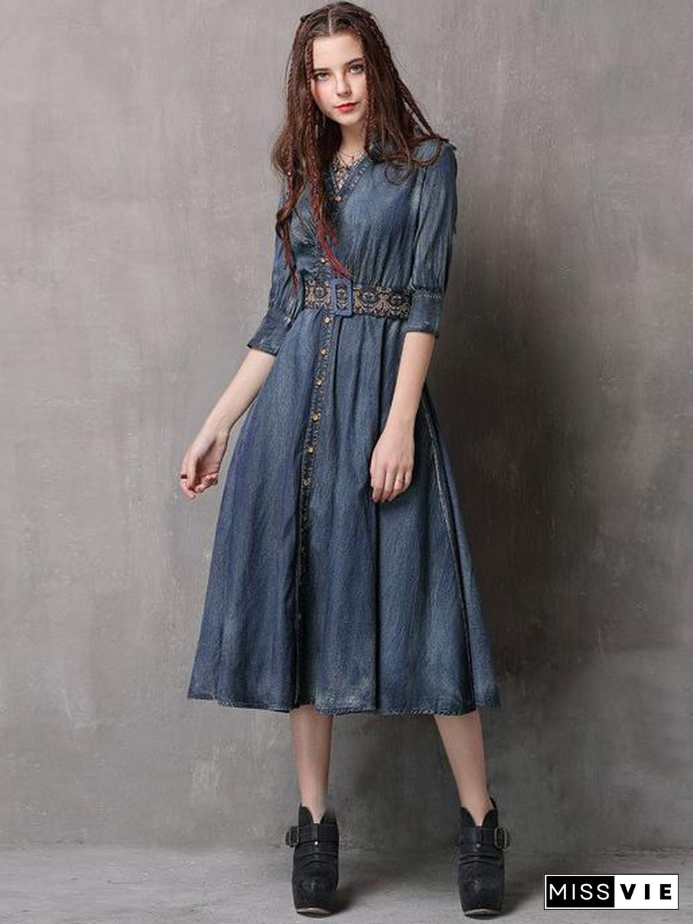 Vintage Embroidered Cropped Denim Dress