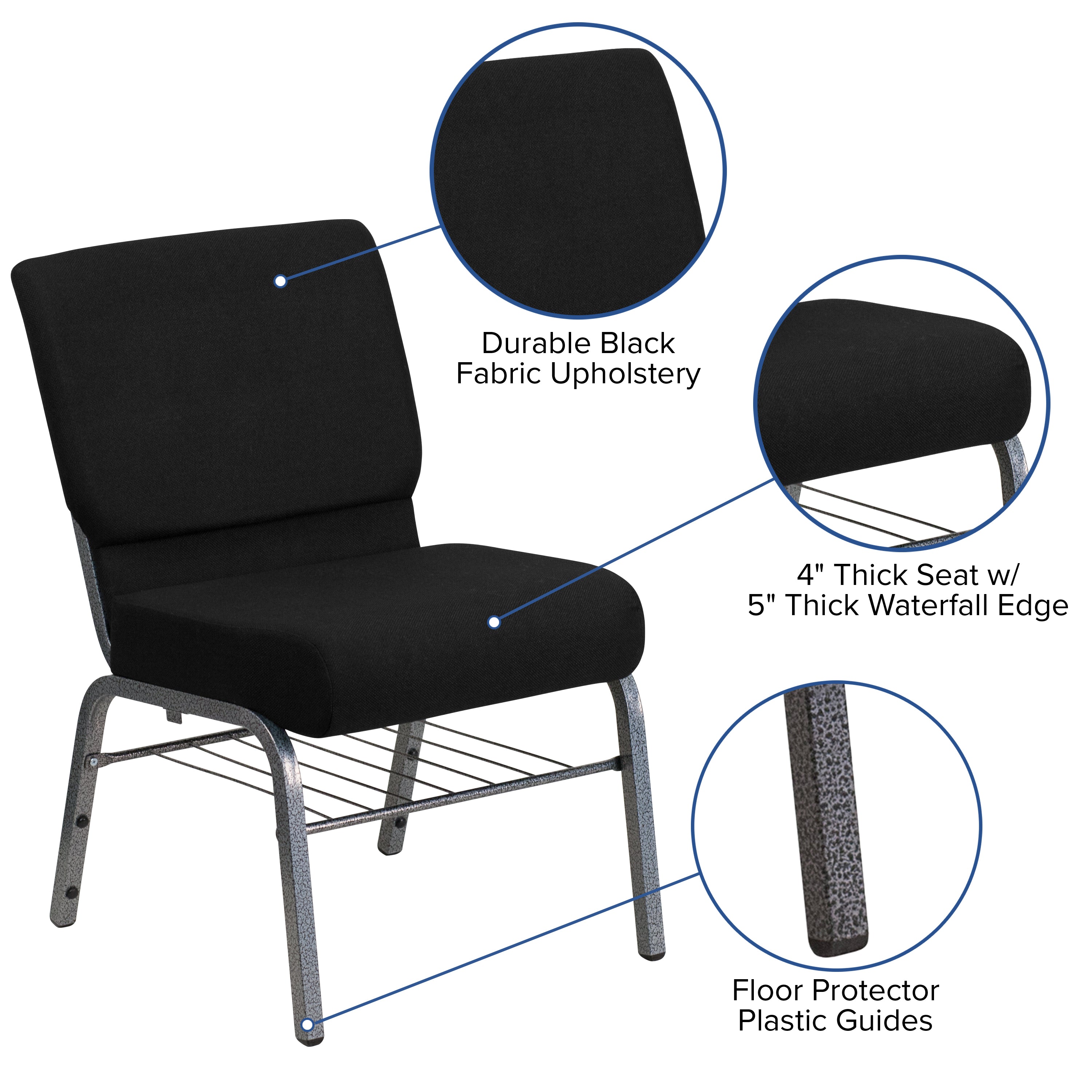 Flash Furniture HERCULES Series 21''W Church Chair in Black Fabric with Book Rack - Silver Vein Frame