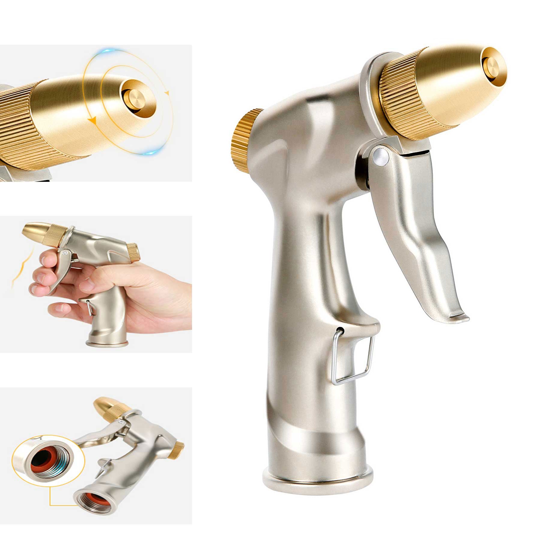 Crenova Garden Hose Nozzle 100% Brass Metal Water Nozzle Sprayer 4 Patterns High Pressure Handheld Pistol Grip Sprayer for Watering Plants Lawn Washing Car and Pets