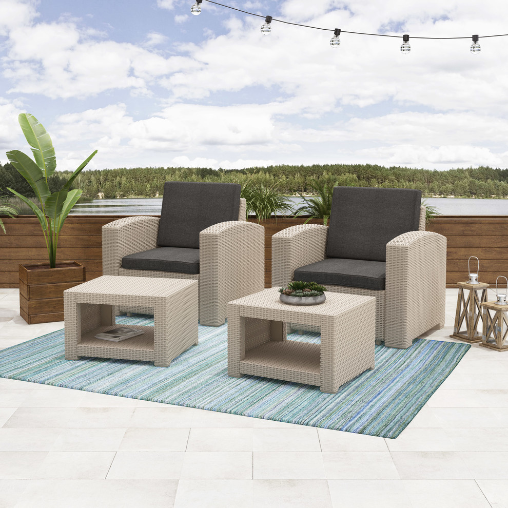 4pc   Weather Chair  Ottoman Patio Set With Dark Grey Cushions   Tropical   Outdoor Lounge Chairs   by CorLiving Distribution LLC  Houzz