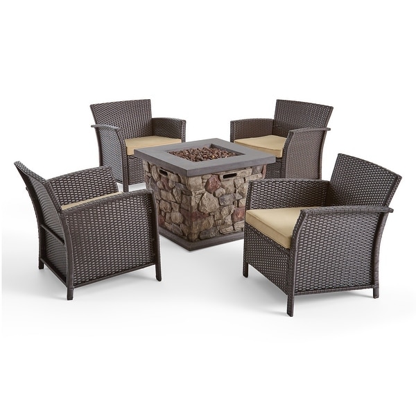 St. Lucia Outdoor 4 Piece Wicker Chat Set with Fire Pit by Christopher Knight Home