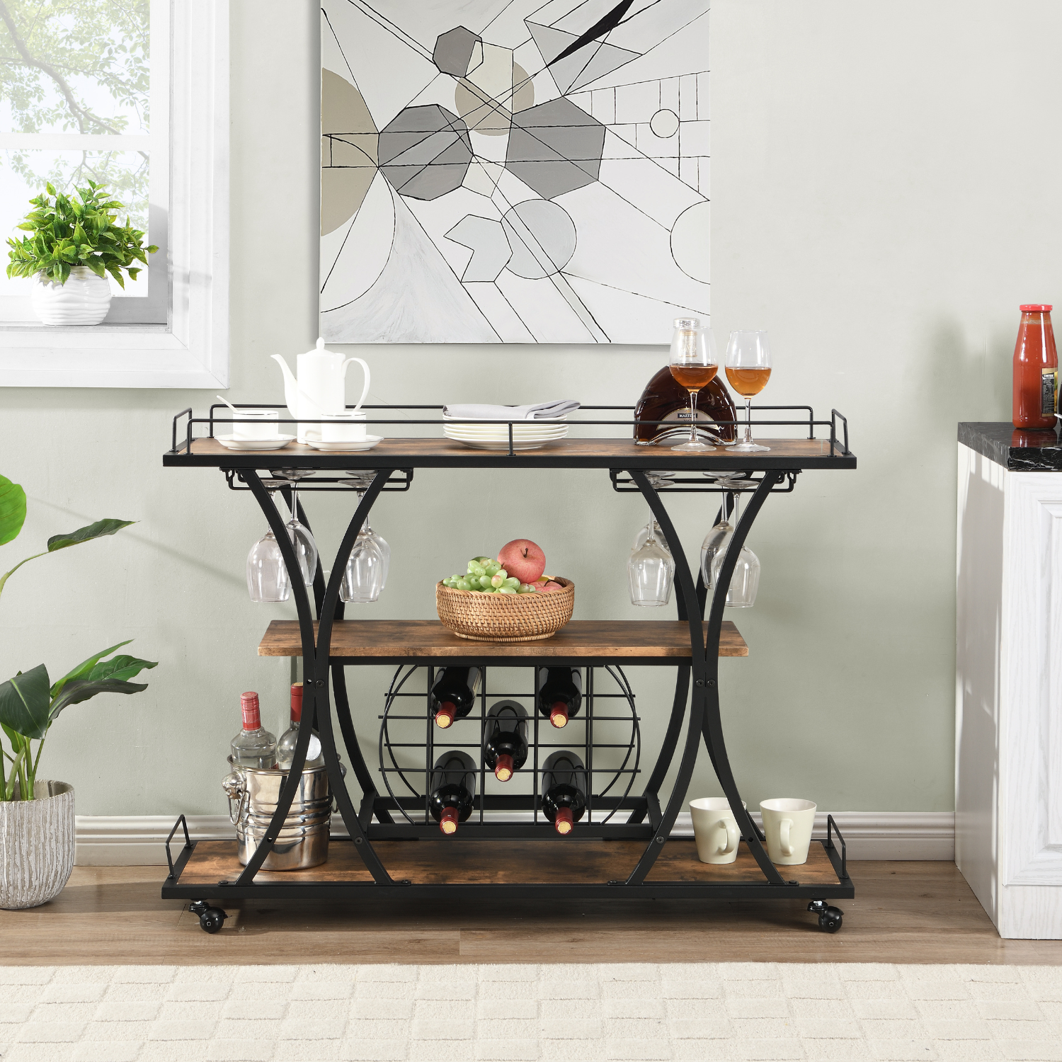 Industrial Rolling Bar Cart Home Kitchen Bar Cart and Dining Cart on Wheels 3 Tier Storage Shelf