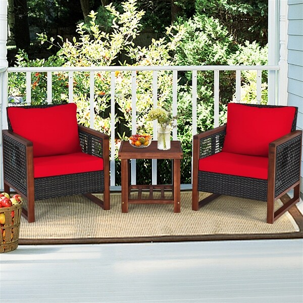 3PCS Patio Wood Wicker Conversation Furniture Sofa Set with Cushion - Overstock - 37500666