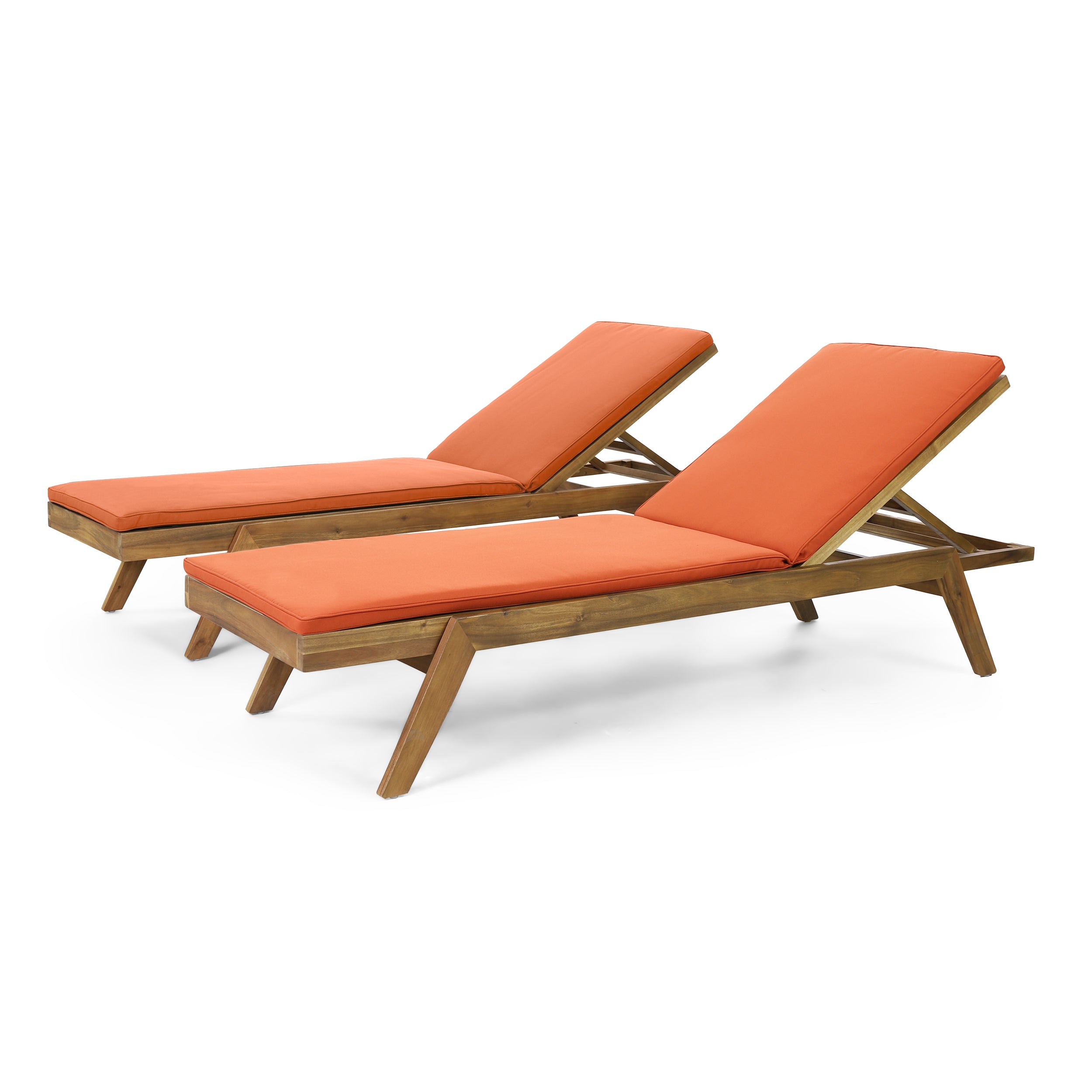 Larimore Outdoor Acacia Wood Chaise Lounge with Water Resistant Cushions, Set of 2