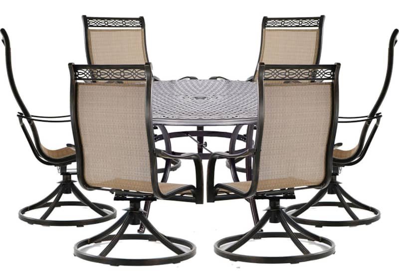 Hanover Manor 7-Piece Outdoor Dining Set In Tan Sling/Cast With 6 Sling Swivel Rockers， 60 Round Cast Table