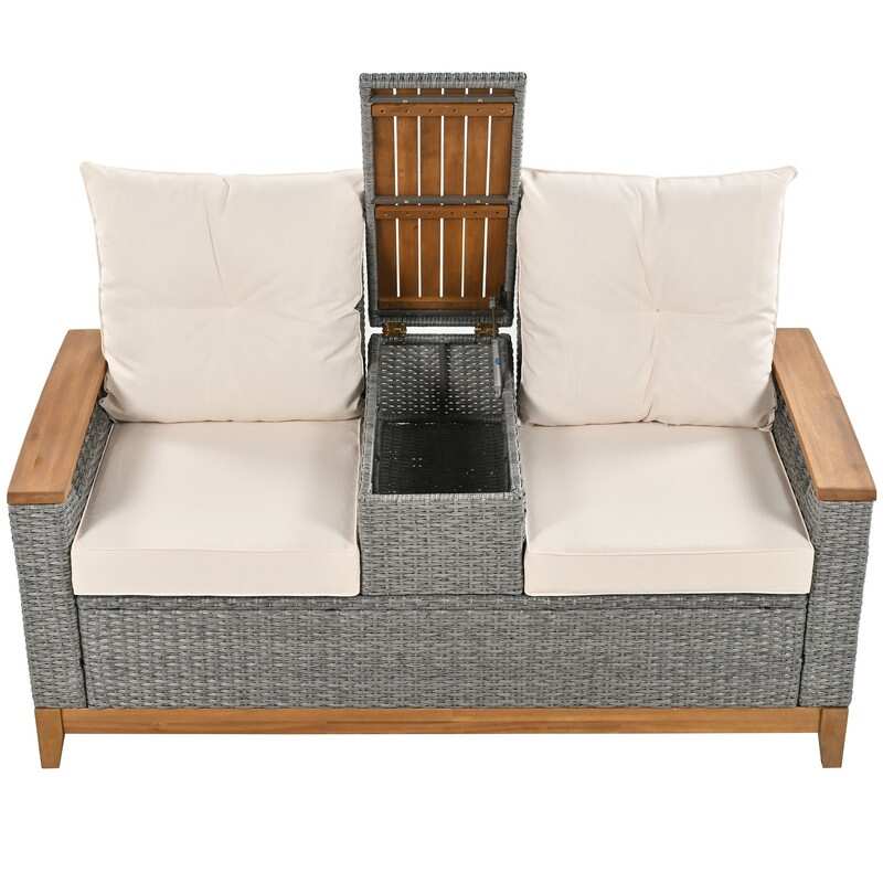 Outdoor Patio Sofa Adjustable Loveseat with Storage Armrest