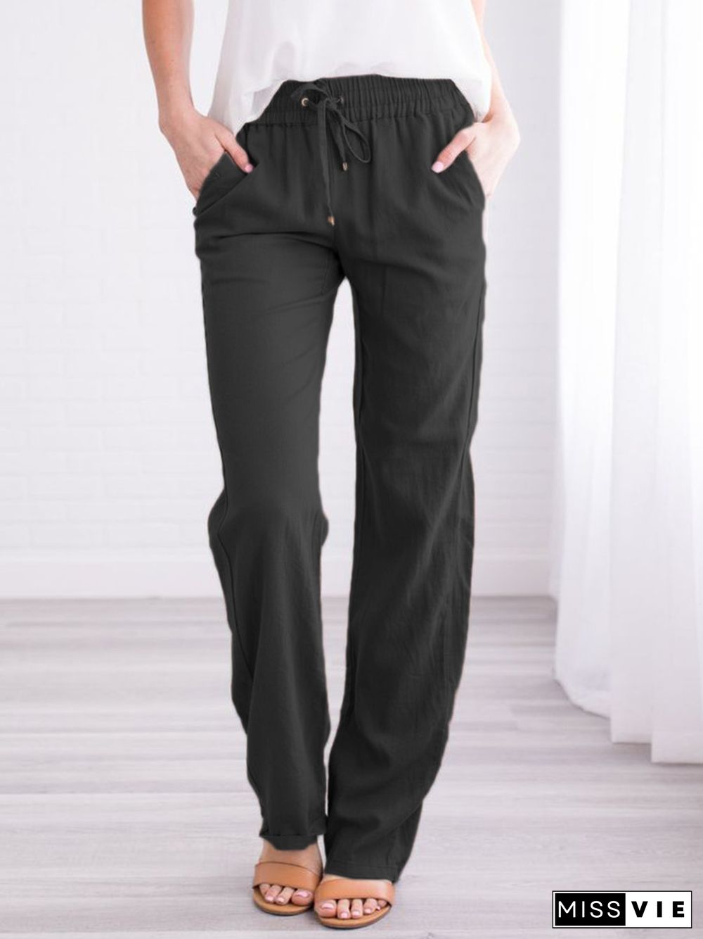 Solid Color Loose Drawcord Casual Wide Leg Pants