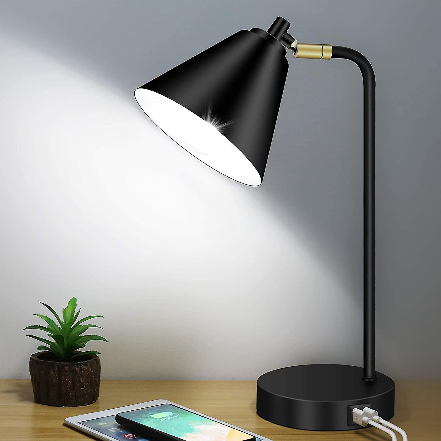 Industrial 3 Way Dimmable Touch Control Desk Lamp With 2 Usb Ports and Ac Outlet Bedside Nightstand Reading Lamp Flexible Head Farmhouse Black Table Lam