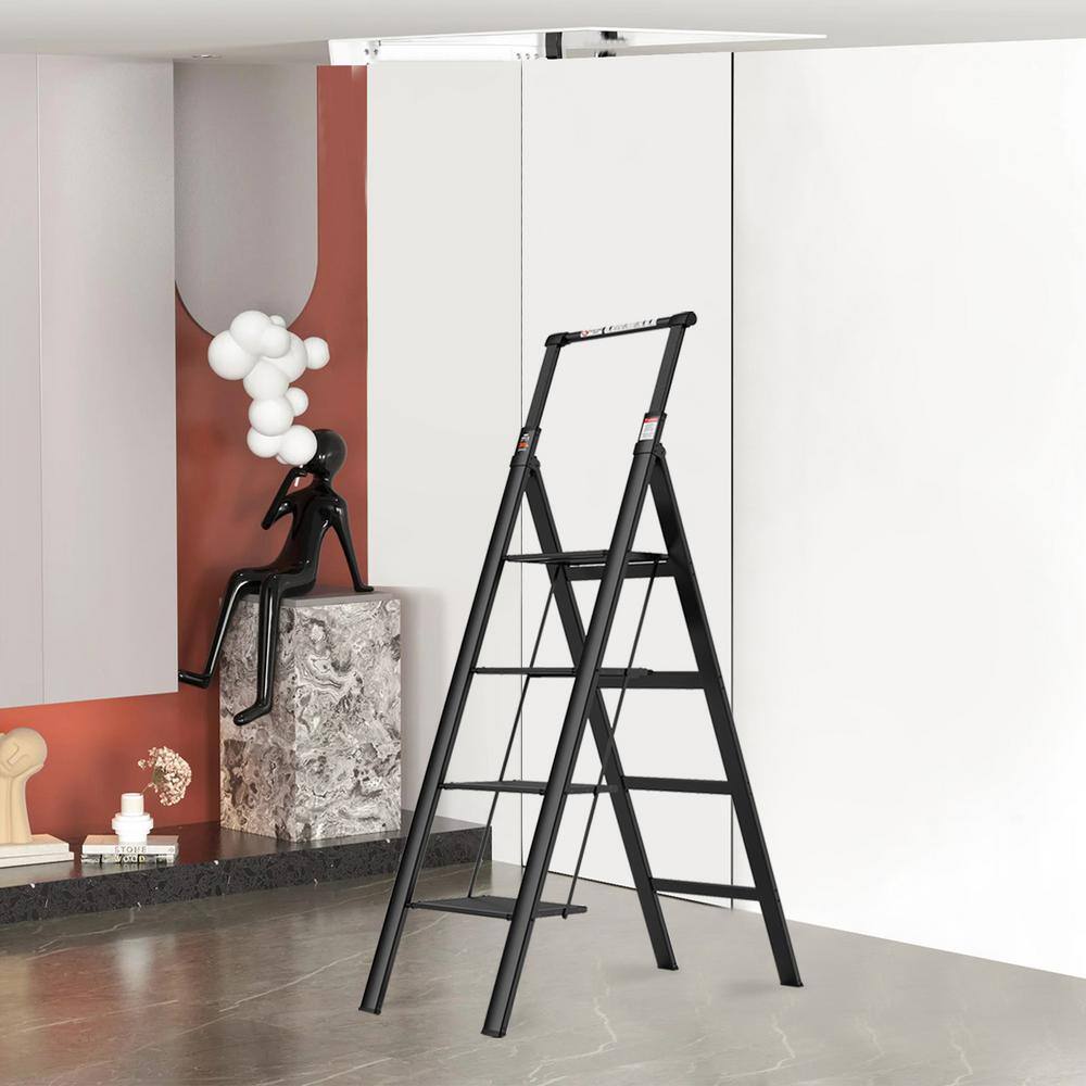4-Step Retractable Handgrip Folding Aluminum Step Stool Ladder with Anti-Slip Wide Pedal 300 lbs. Household Ladder DATI-CYW1-909
