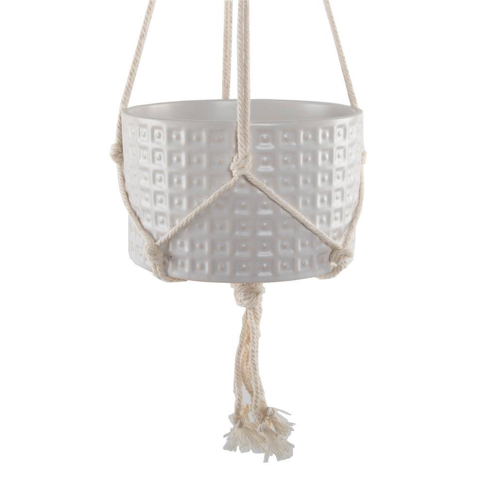 Flora Bunda 5 in. Matte White Gladiator Ceramic Pot with Macrame Hanging Planter CT949E-MTWH