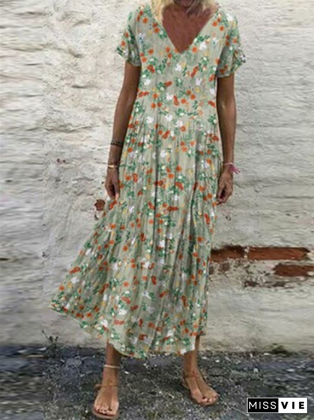 New V-neck Short Sleeve Long Skirt Retro Print Loose Dress Women's Dress