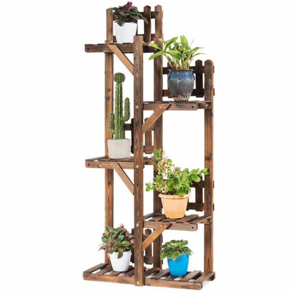 Alpulon IndoorOutdoor Garden Wooden Plant Flower Stand 6 Pots Display Shelf (5-Tier) ZMWV468