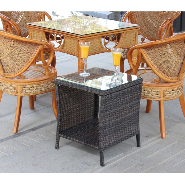 Square Rattan Outdoor Dining Table with Tempered Glass in Brown